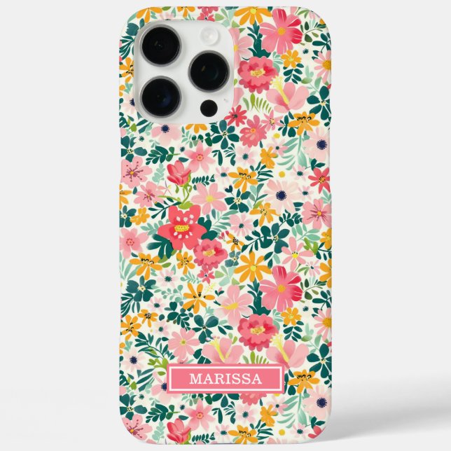 Korallenfarbene Ditsy-Blumen mit Monogramm Case-Mate iPhone Hülle (Rückseite)