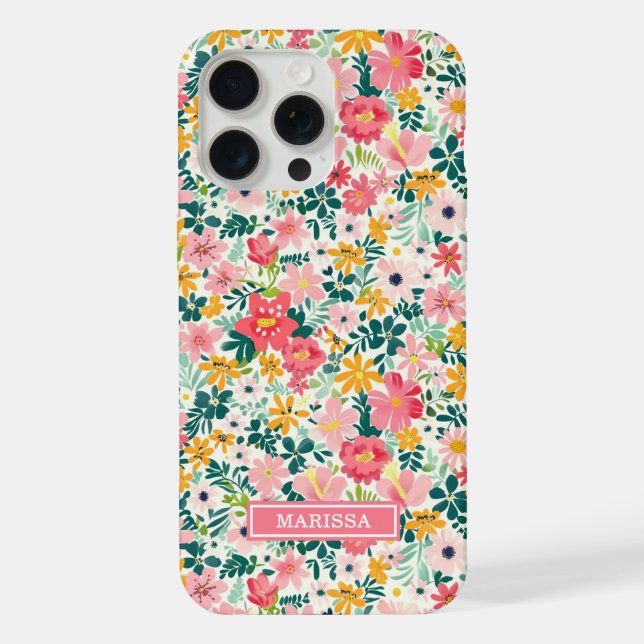 Korallenfarbene Ditsy-Blumen mit Monogramm iPhone Hülle (Rückseite)