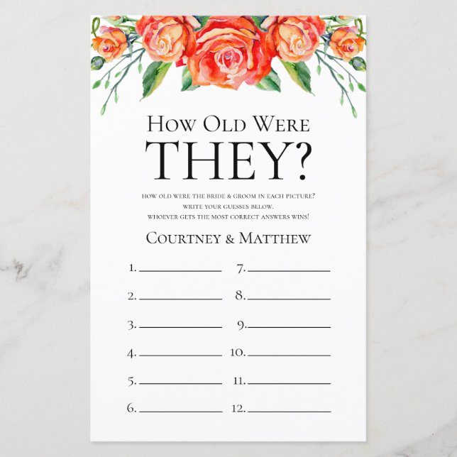 Korallenfloral wie alt waren sie Brautparty Game (Vorderseite)