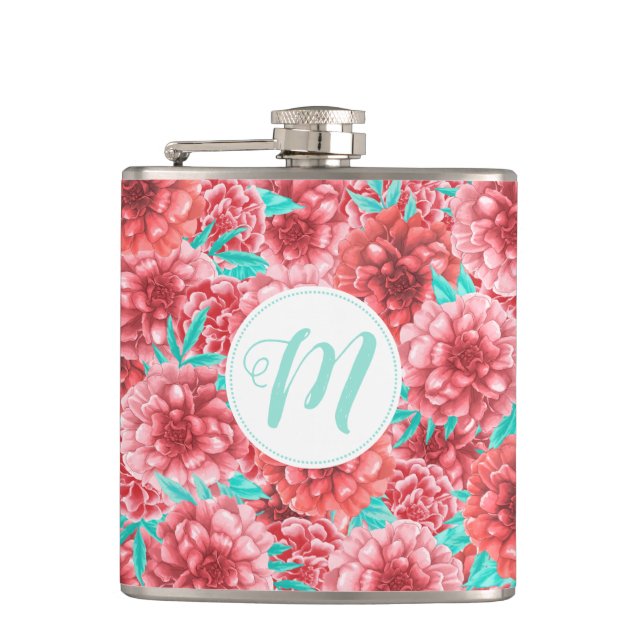 Korallenflorale Muster und Monogramm Flachmann (Vorderseite)