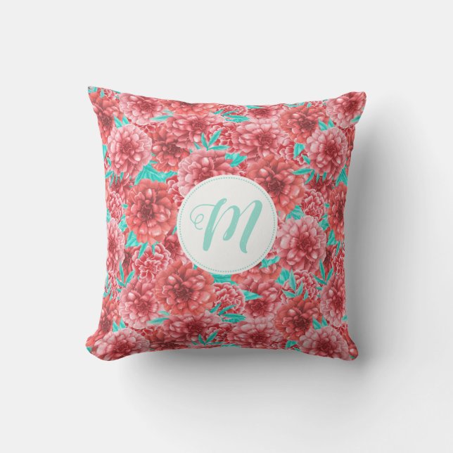Korallenflorale Muster und Monogramm Kissen (Vorderseite)
