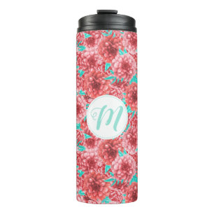 Korallenflorale Muster und Monogramm Thermosbecher