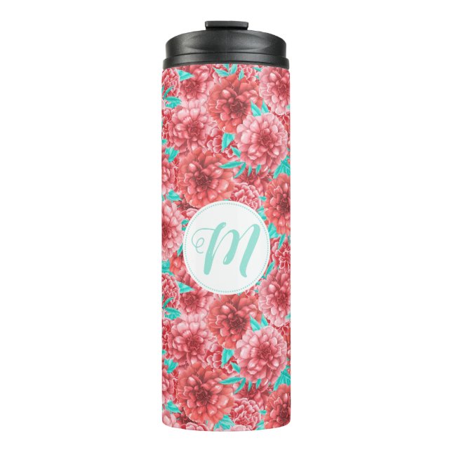 Korallenflorale Muster und Monogramm Thermosbecher (Vorderseite)