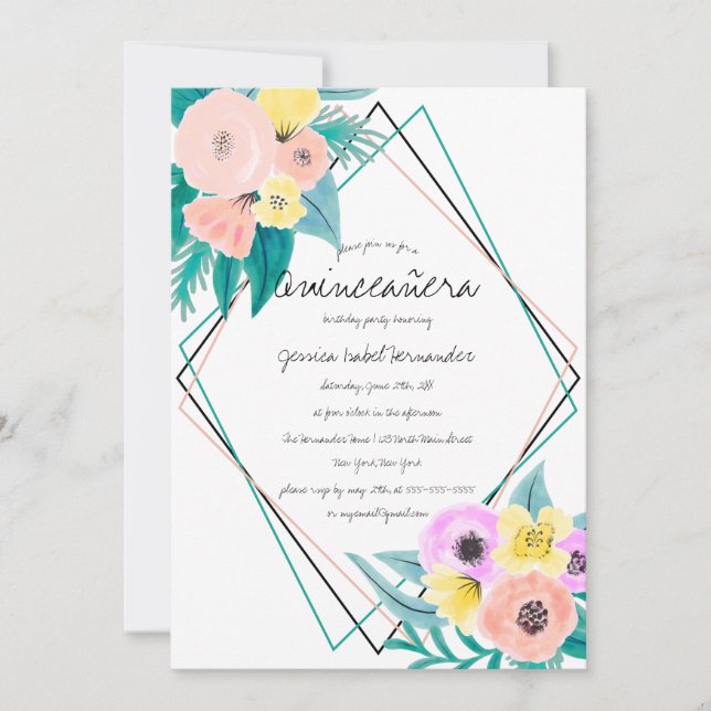 Korallengelbe Flora Aquarellrahmen Quinceñera Einladung (Vorderseite)
