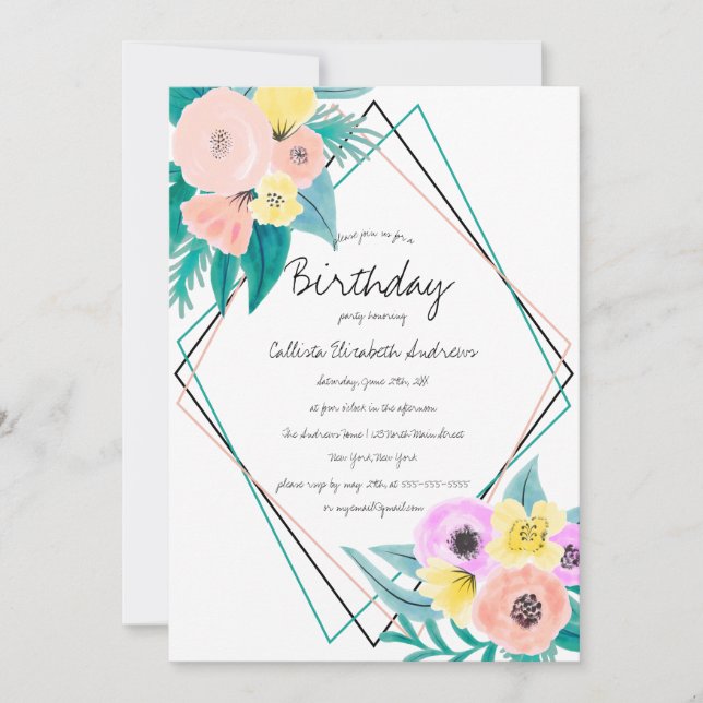 Korallengelbe florale Wasserfarbe Geo Rahmen Gebur Einladung (Vorderseite)