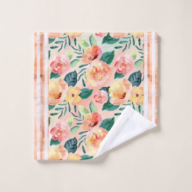 Korallengestreiftes Blumenbadetuch Set (Waschlappen)