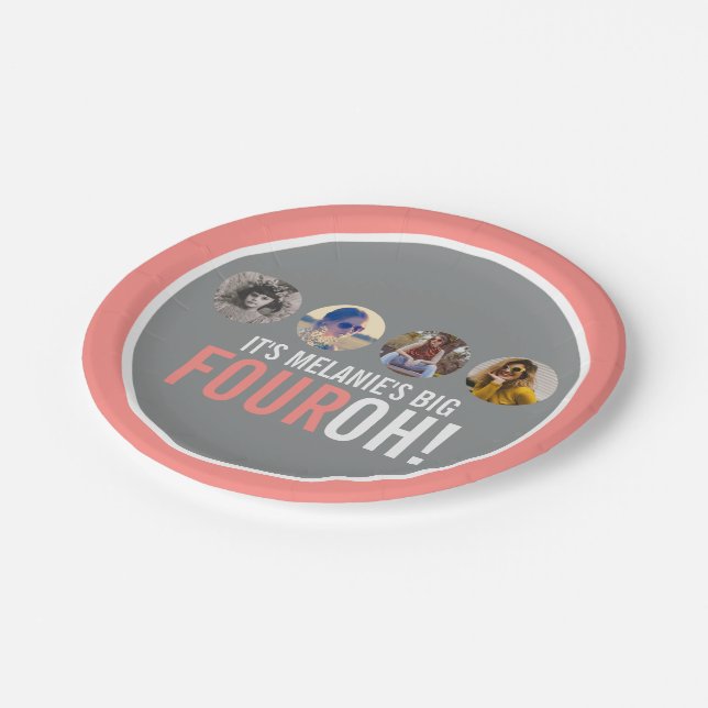 Korallengräber 40. FOUROH! 4 Fotos Geburtstag Pappteller (Schrägansicht)