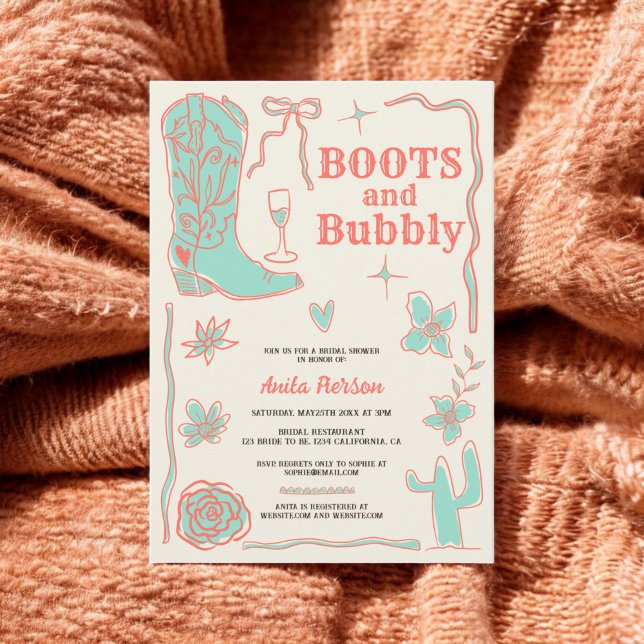 Korallenkritzen stiefeln Brautparty Einladung (Coral scribbles boots bubbly bridal shower invitation)