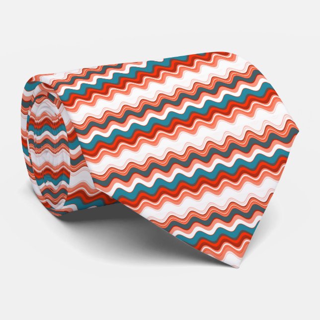 Korallenlachs Orange Turquoise Wavy Zigzag Muster Krawatte (Gerollt)