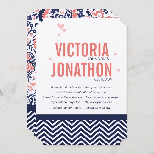 KorallenMarine und Korallen Zig Zag und Hochzeiten Einladung (Vorne/Hinten)