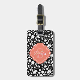 Korallenmonogramm Quatrefolie Schwarzes Blumenmust Gepäckanhänger