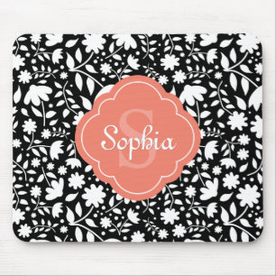 Korallenmonogramm Quatrefolie Schwarzes Blumenmust Mousepad