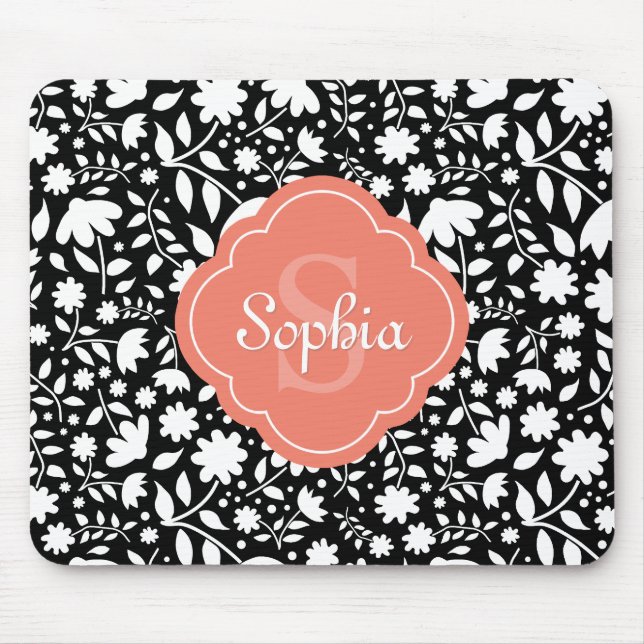 Korallenmonogramm Quatrefolie Schwarzes Blumenmust Mousepad (Vorne)