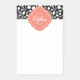 Korallenmonogramm Quatrefolie Schwarzes Blumenmust Post-it Klebezettel