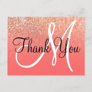 Korallenorange Ombre Glitter Monogramm Danke Postkarte