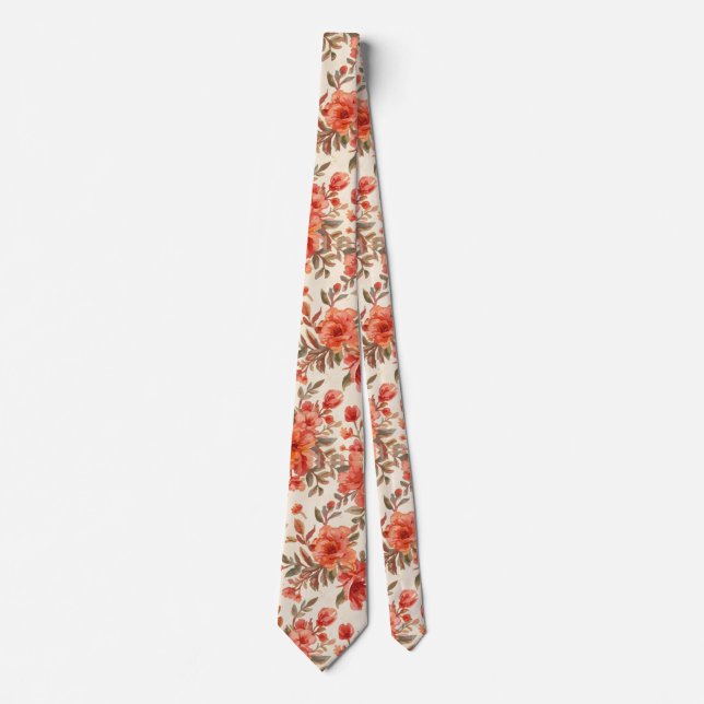 Korallenorange Wasserfarbe Blumen Sommer Muster Krawatte (Vorderseite)