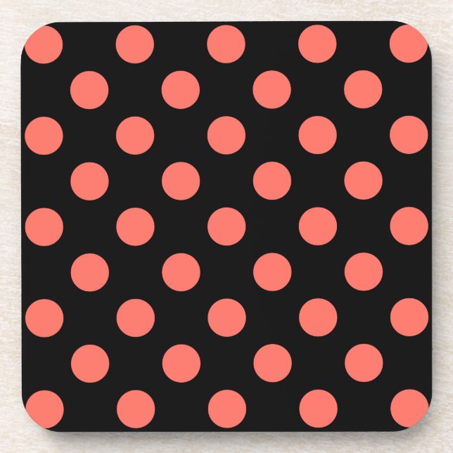 Korallenpolka-Punkte auf schwarz Getränkeuntersetzer (Vorderseite)