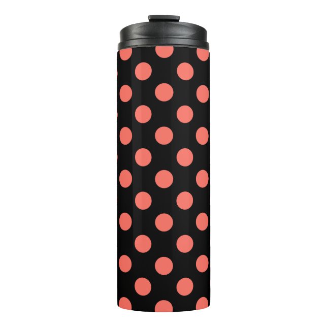 Korallenpolka-Punkte auf schwarz Thermosbecher (Vorderseite)