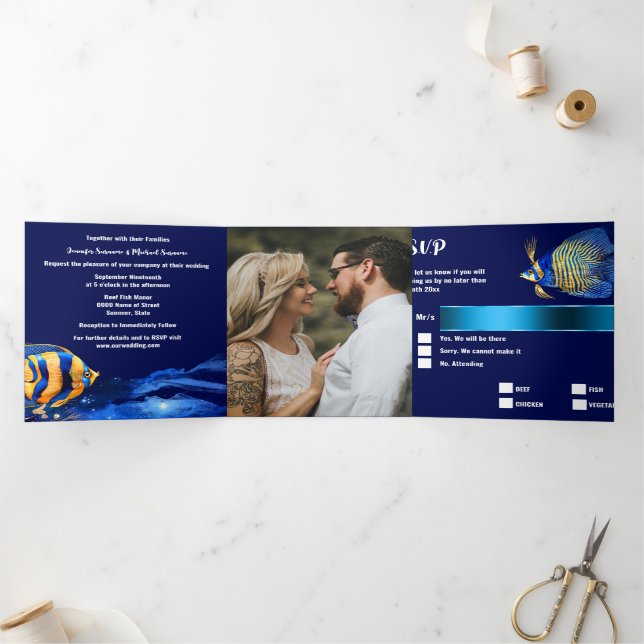 Korallenriff Fische tropisch blau-orange Küste chi Dreifach Gefaltete Einladung (Innenseite)