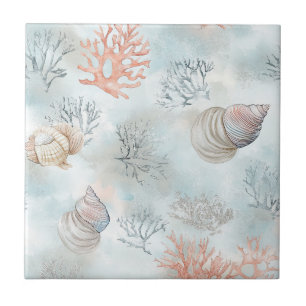 Korallenriff-Muscheln & Aqua-Wellen-Muster Fliese