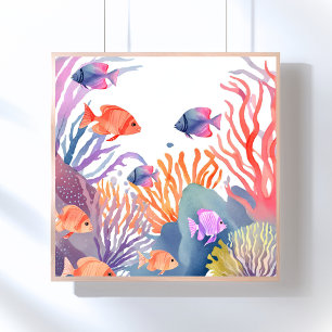 Korallenriff Wasserfarbe Bunter Fisch Ozean Poster