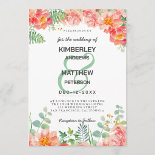 Korallenrosa Aquarell botanische florale Hochzeit Einladung