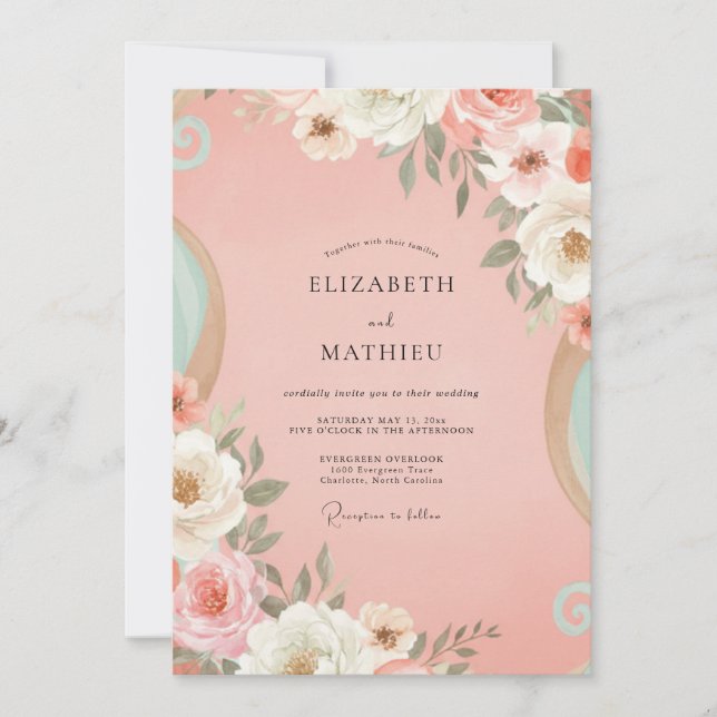 Korallenrosa bemalte Hochzeit Einladung (Vorderseite)
