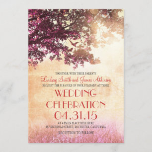 Korallenrosa Eichenbaum & Liebesvögel Hochzeitsein Einladung