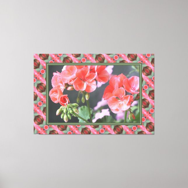 Korallenrosa Geranien mit dunkelgrünen Leinwanddruck (Vorderseite)