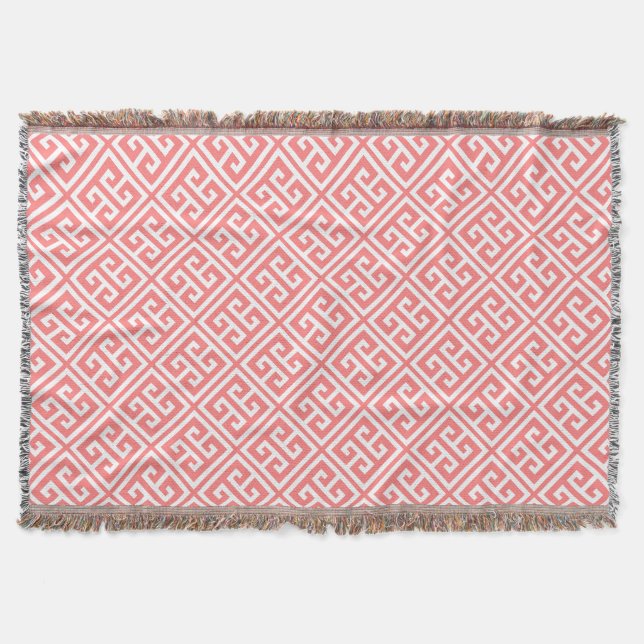 Korallenrosa Griechisches Schlüsselmuster Decke (Vorderseite)