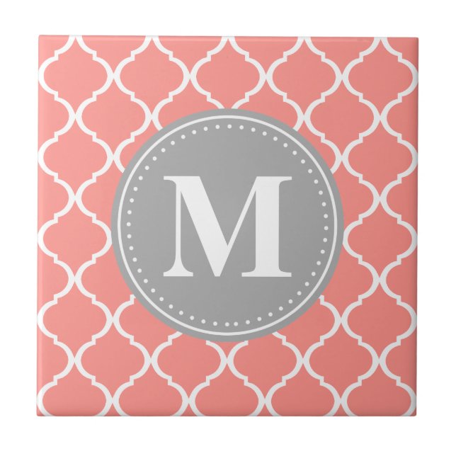 Korallenrosa Marokkanisches Gitter Grau Monogram Fliese (Vorderseite)