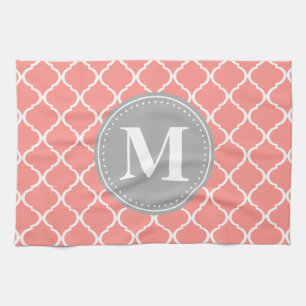 Korallenrosa Marokkanisches Gitter Grau Monogram Küchentuch