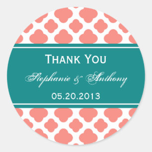 Korallenrosa Muster mit Aquamariner Hochzeit Runder Aufkleber