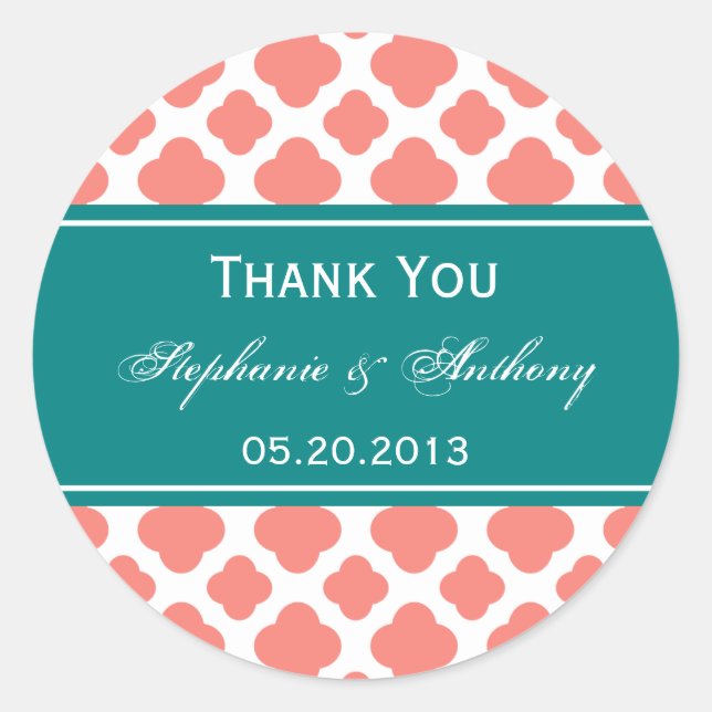 Korallenrosa Muster mit Aquamariner Hochzeit Runder Aufkleber (Vorderseite)