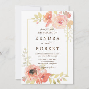 Korallenrosa Rose und Goldrahmen Blumenzehen Einladung