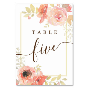 Korallenrosa Rose und Goldrahmen Blumenzehen Tischnummer