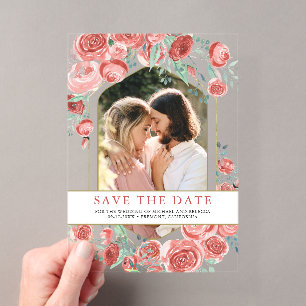 Korallenrosa Rosen Blumen Foto Hochzeit Termin vor Acryleinladungen