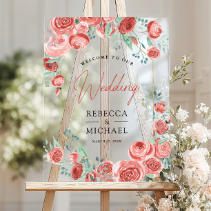 Korallenrosa Rosen Florale Hochzeitsbegrüßung Acrylschild