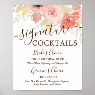Korallenrosa Rosen und goldene Hochzeitssignatur-D Poster