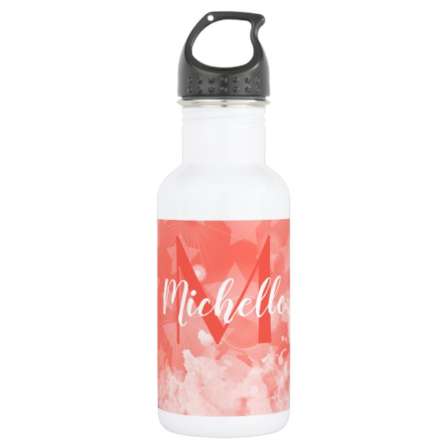 Korallenrosa Sternmuster Moderner Chic Monogram Na Edelstahlflasche (Vorderseite)