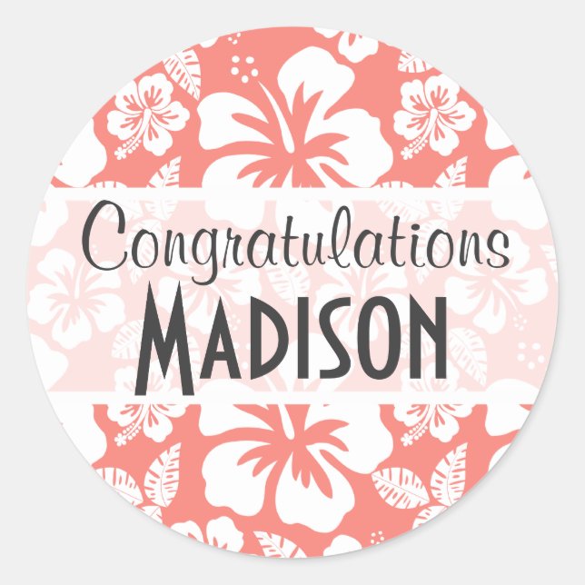 Korallenrosa Tropischer Hibiskus Runder Aufkleber (Vorderseite)