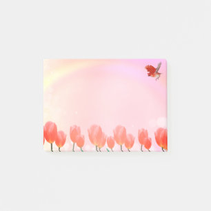 Korallenrosa Tulpenblüten & Kardinalvogel auf Rosa Post-it Klebezettel