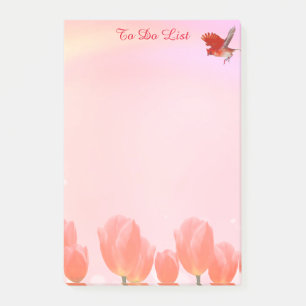 Korallenrosa Tulpenblüten und Kardinalvogel auf Ro Post-it Klebezettel