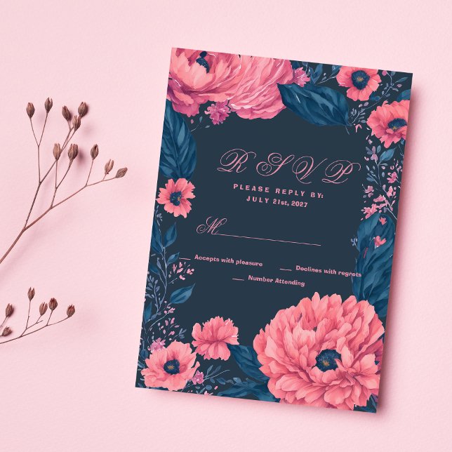 Korallenrosa UAWG Einladung (Coral pink navy blue watercolor floral RSVP)
