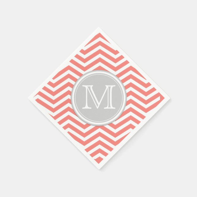Korallenrosa und Weiß Zickzack mit Monogramm Serviette (Ecke)