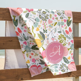 Korallenrosa Watercolor Floral Muster Name Strandtuch
