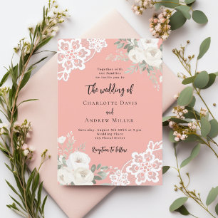 Korallenrosa, weiße Rosen Hochzeit Einladung