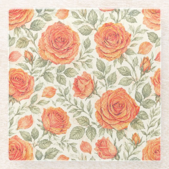 Korallenrose & Salbei-Gartenmuster Glasuntersetzer (Vorderseite)