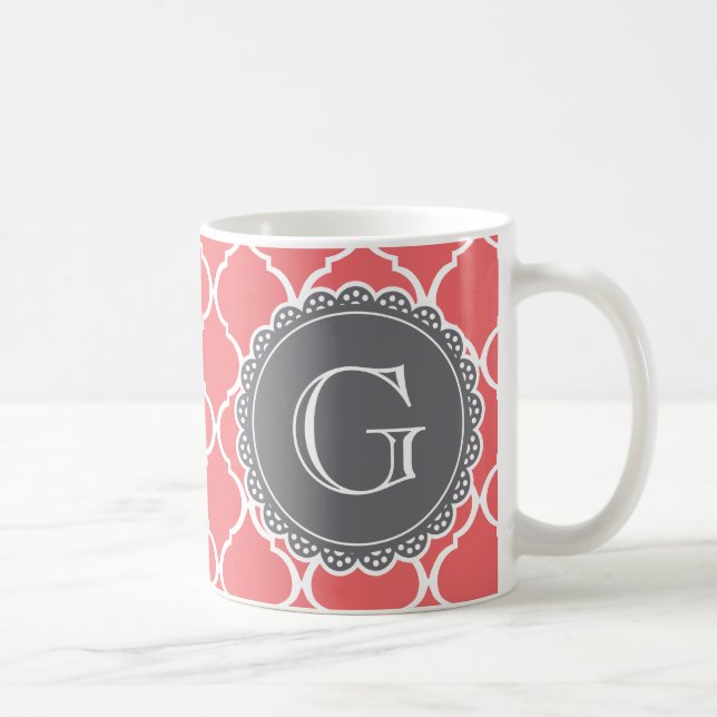 Korallenrost Lattice Muster Grau Monogram Tasse (Rechts)