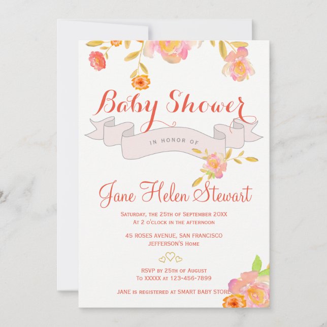 Korallenrot Aquarellbänder Babydusche Einladung (Vorderseite)